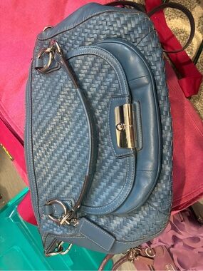 Coach Woven Leather Shoulder Bag in Blue with Silver Hardware